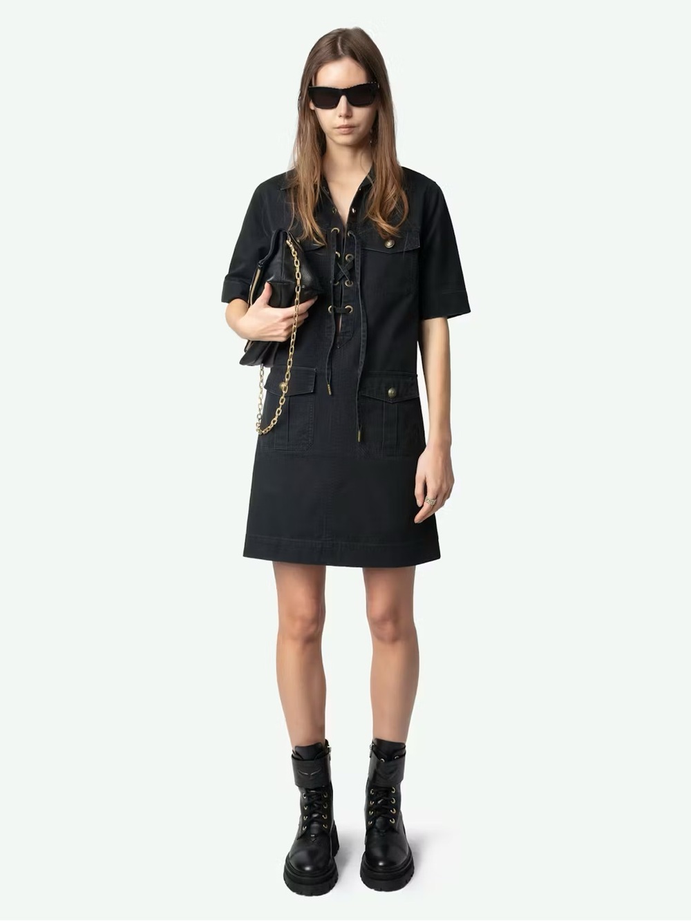 Zadig & Voltaire Record Lace-Up Mini Dress Black NWT Size S Cotton Utility